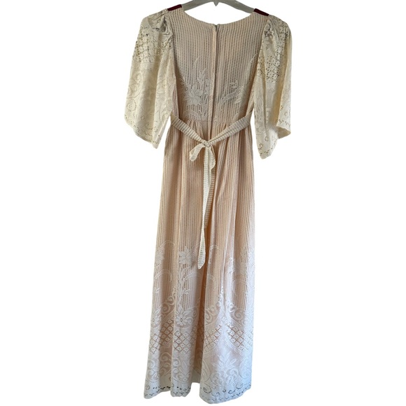 Vintage 1970s Joy Stevens Boho Cream and Maroon Lace Prairie Dress - Picture 2 of 10